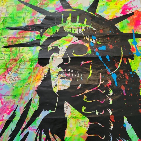 Handpainted Zombie Statue of Liberty Unique acrylic Artwork on a NYC Subway Map - Picture 7 of 9